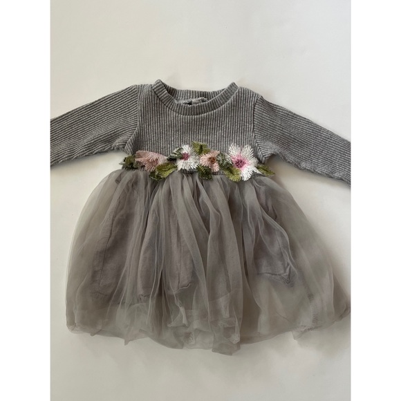 Baby Girl Gray Long Sleeve Floral Pattern Mesh Layered Tutu Dress 6M - Picture 7 of 7